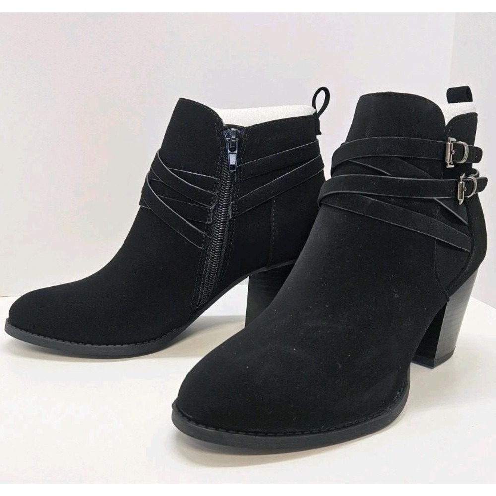 Women Size 7.5 Black Ankle Boots Almond Toe 3"‎ heel Chunky Stacked Heels Booti